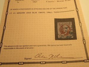 US Stamp, Scott #1b 1847 5c Franklin Used Orange Brown w/Certificate SCV $825.00