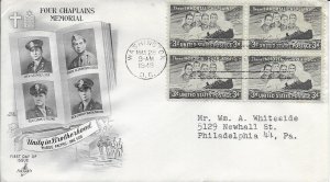 1948 FDC, #956, 3c Four Immortal Chaplains, Art Craft, block of 4