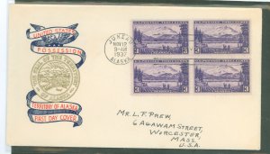 US 800 1937 3c Alaska (part of the US Possession series) bl of 4 on an addressed FDC with a Plimpton cachet
