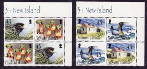 Falkland Is.-Sc#847-8- id12-two unused NH sets in blocks of 4-Birds-Flowers-2003