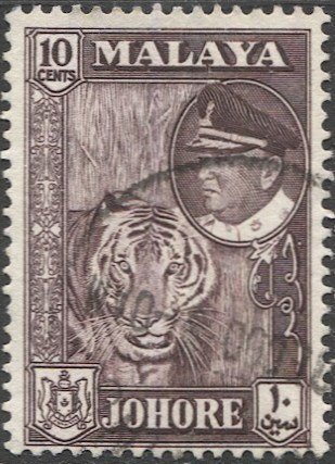 MALAYA Johore 1960  Used 10c Tiger, Sc 163  VF