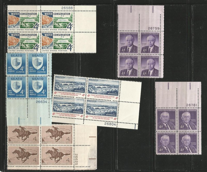 USA Stamps #1150,1151,1154,1161,1164,1170 Plate Blocks of 4