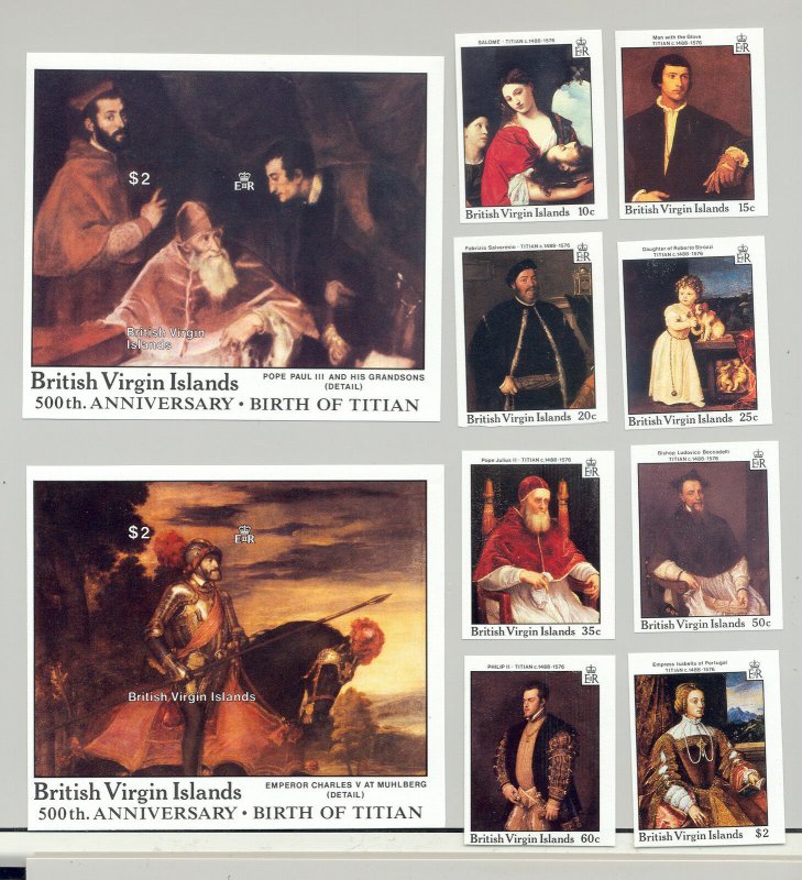 British Virgin Islands #595-604 Titian Art 8v & 2v S/S Imperf Proofs