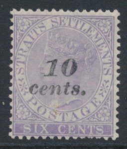 Straits Settlements 1880 SG 44 10c on SIX CENTS Lilac MH WMK CROWN CC