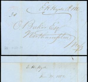 1852 HAYDENVILLE MS FLS, E. H. HYDE P.M. Free Frank to O. Baker Northampton Mass