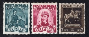 Romania 1939 2 l, 4 l & 7 l Centenary Issue, Scott 479, 481, 483 MH and used