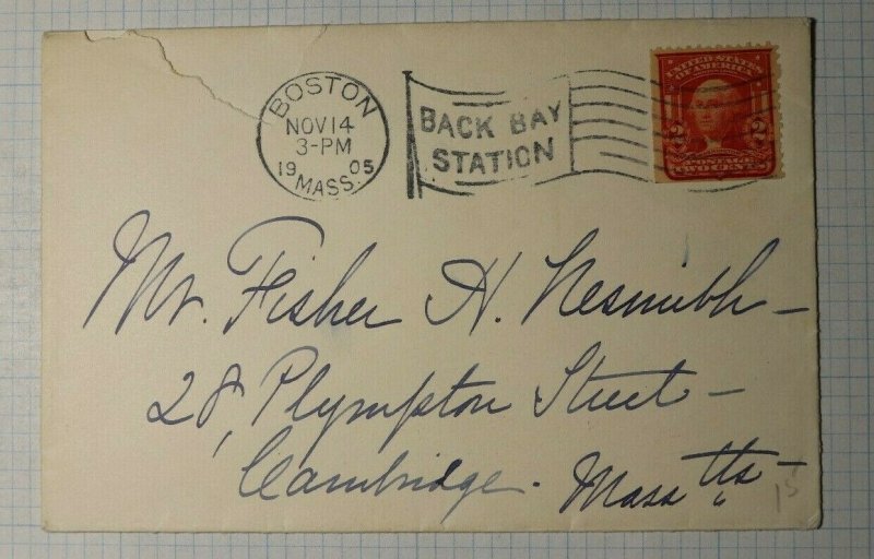 US 1905 Cover Machine Flag Cancel Boston MA Back Bay Station Received Cambridge 