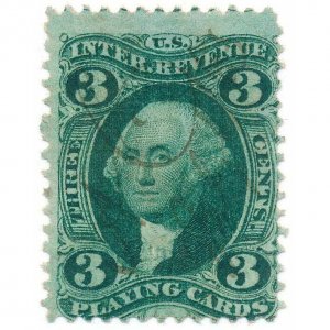 1862-71 R17c 3c First issue U.S. Revenue Stamp, Playing Cards, Washington, Green