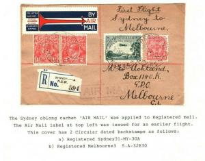 AUSTRALIA Air Mail First Flight Cover Sydney Melbourne 1930 {samwells} PA30