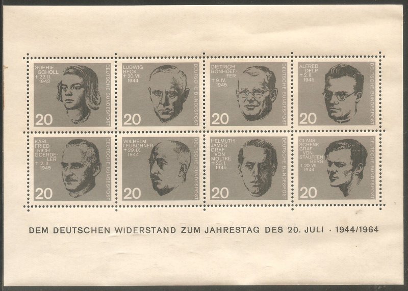 GERMANY BUND Sc# 883 - 890 MH F Souv Sht Nazi Resistance Scholl  Delp Leuschner