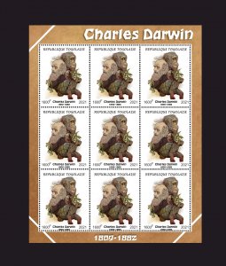 Stamps.  Charles Darwin , Togo 2022 year , sheet 9 stamps perforated