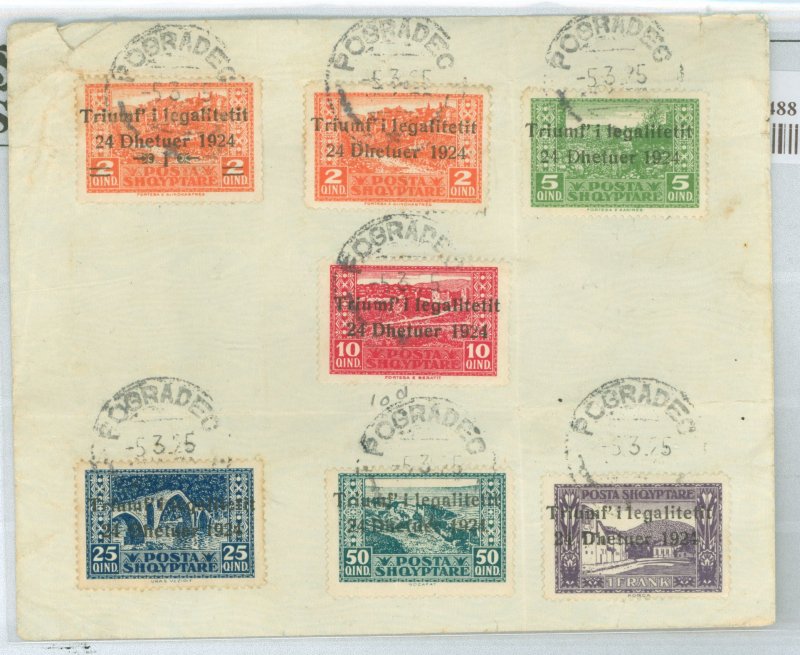 Albania 164-70 1924 complete set on unaddressed cover with vertical fold.  1925 Pogradec postmarks.