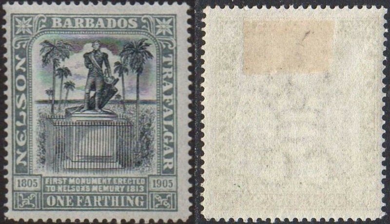 Barbados 1906 ¼d black and grey (Death Centenary of Nelson) MH