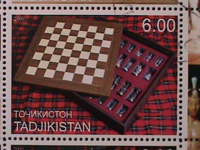 TAJIKISTAN-2000- WORLD FAMPUS CHESS PIECES & BOARDS-CTO SHEET VF-HARD TO FIND