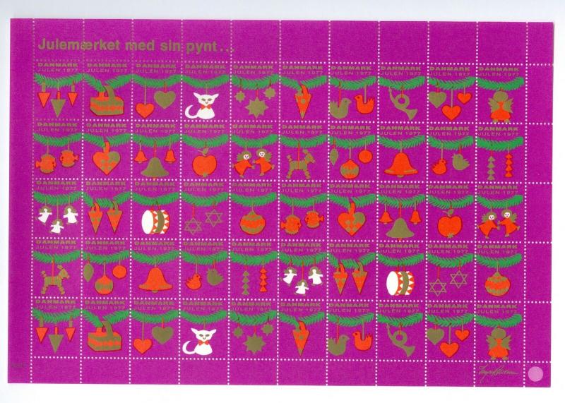 Denmark. Christmas Sheet 1977 Mnh. Unfolded. 3 Side Perfor. Decoration.Cat,Fish.