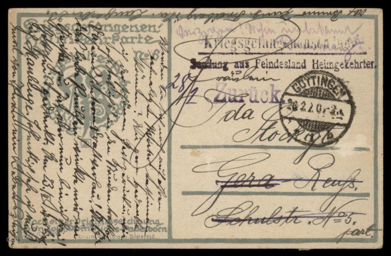 Germany 1920 WWI POW Returning Home Cover aus Feindesland Goettingen G95554