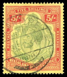 Nyasaland 1929 KGV 5s green & red/yellow very fine used. SG 112. Sc 36.