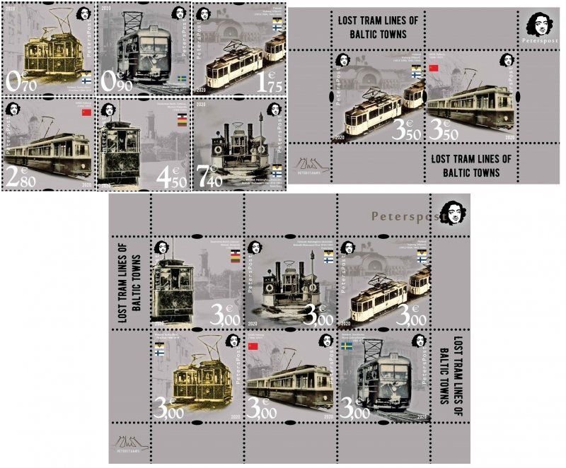 Finland 2020 Tram lines of Baltic towns Peterspost stamp set and 2 block'...