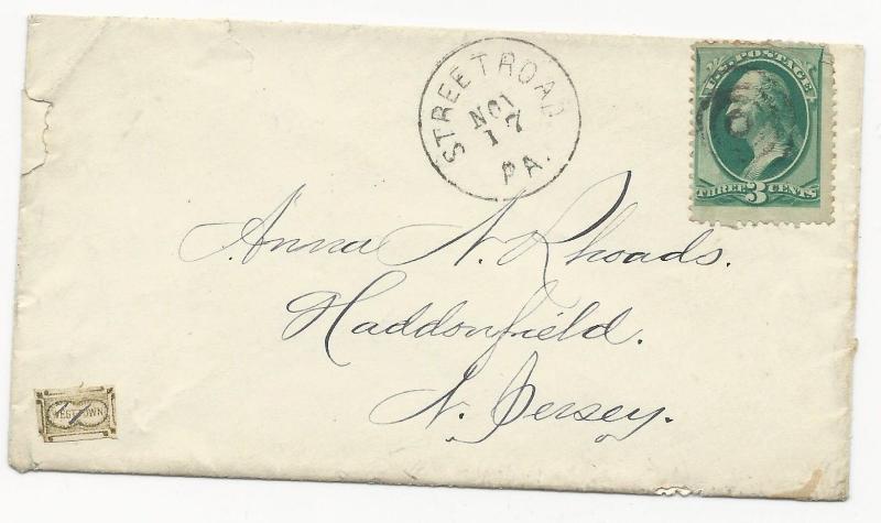 US Local Cover Scott #145L2 Tied by Pen Cancel #158 Tied by Grid PM 1870's