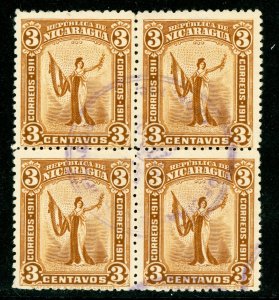 Nicaragua 1912 Liberty 3¢ Yellow Brown Sc 297 Block of 4 VFU Q315
