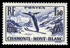 France, 1900-1950 #322 (YT 334) Cat€16, 1937 Intl. Ski Meet, 1.5fr blue, ne...