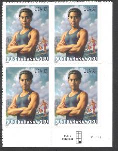 US Plate Block, Cat #3660, Kahanamoku, MNH*-