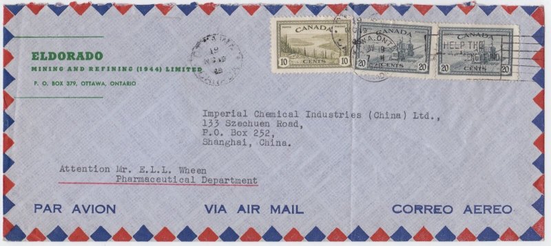 Peace issue 2x20c+10c receiver CHINA 1948 Eldorado Mining airmail Canada cover