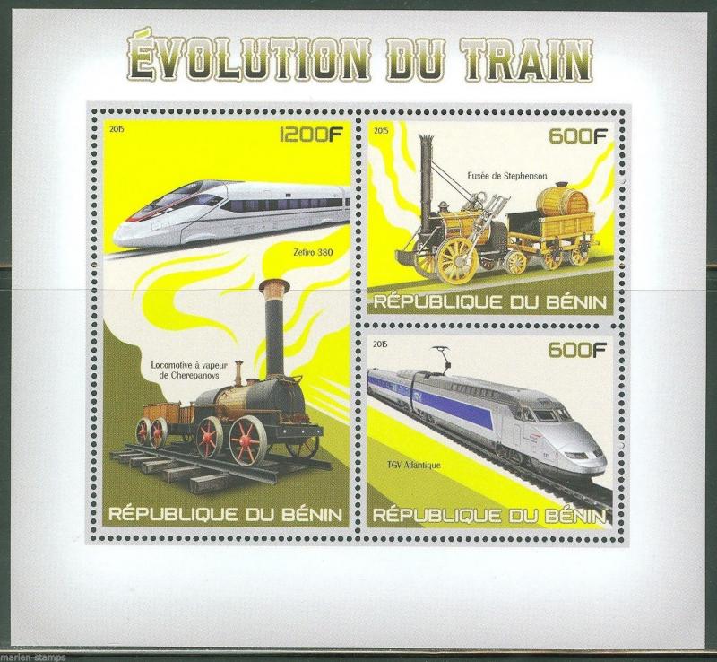 BENIN 2015 EVOLUTION OF THE TRAIN LOCOMOTIVES  SHEET OF THREE STAMPS