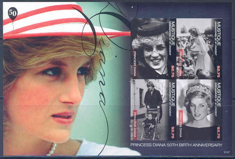 MUSTIQUE  PRINCESS DIANA 50th BIRTH  ANNIVERSARY IMPERFORATED SHEET  MINT NH