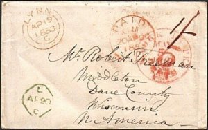 GB TO USA 1853 cover LYNN Norfolk to Middleton Wisconsin - New York packet