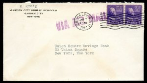 U.S. Scott 807 (2) on 1941 Air Mail Ad Cover for Garden City Public Schools