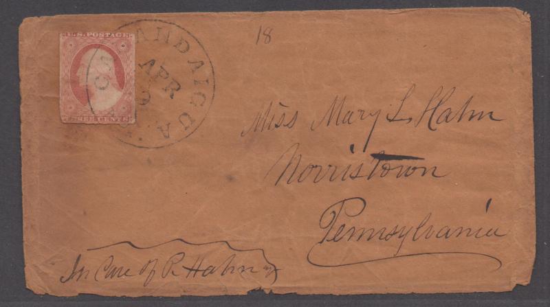 **US 19th Century Cover,  SC # 10, Canandaigua, NY, April 9th CDS, CV $280.00