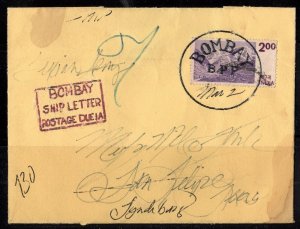 INDIA 1950's BOMBAY BPP SKELETON UNDATED CANCEL W/BOMBAY SHIP LETTER POSTAGE DUE