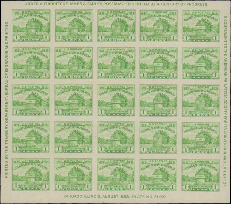 United States #730, Complete Set, Pane of 25, 1933, Mint No Gum As Issued