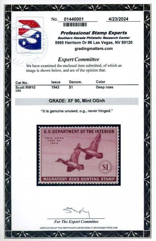 RW10, 1943 Duck Stamp, PSE Graded XF 90 NH Certificate, SMQ $200