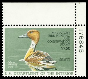 Scott RW53 1986 $7.50 Duck Stamp Mint F-VF NH Plate Number Single Cat $15.00