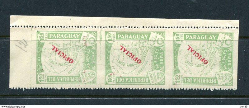 Paraguay 1935 Official Overprint Strip of 3  Imperf Horizontally ERROR 14496 