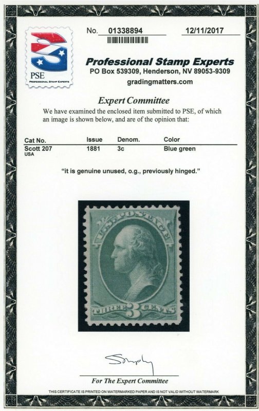 US Stamp #207 Washington 3c - PSE Cert - MPH 