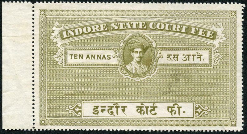 Indore State Court Fee 10 annas Un-used (no gum) creased 