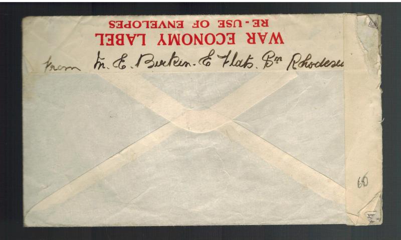 1943 Southern Rhodesia Censored Cover to USA Uncollected Postage Due Victory