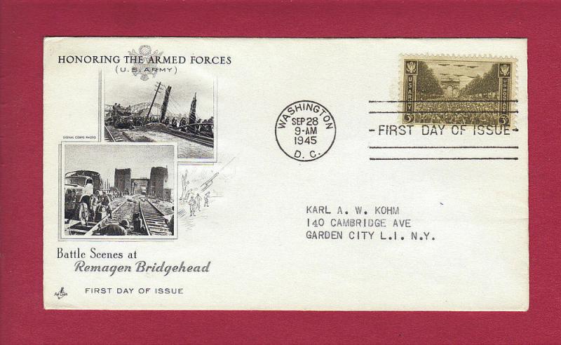 1945 3c U. S. ARMY, Ludendorff Bridge in Remagen #934, FDC