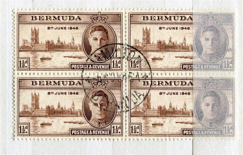 BERMUDA; 1946 early GVI Victory issue fine used POSTMARK BLOCK of 4