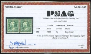 U.S. #352 MINT PAIR WITH PSAG CERT OG