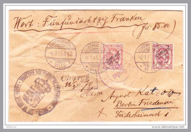 LUXEMBOURG - 5-Fr & 2½-Fr OFFICIAL G.D. William IV - 1915 Censored Money Letter