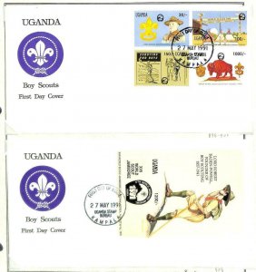 UGANDA BOY SCOUTS SCOTT #898-907 STAMP SET & SOUVENIR SHEETS ON FOUR FDC 1991