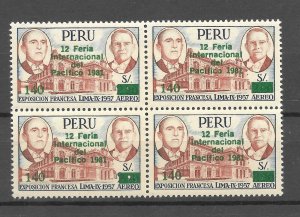 PERU 1981 SURCHARGED STAMP OVERPRINTED IN GREEN 12 INT.PACIFIC FAIR BLOCK MNH