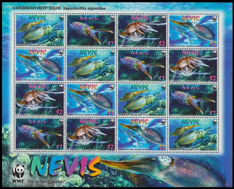 Nevis WWF Caribbean Reef Squid Sheetlet of 4 sets SG#2155-2158 SC#2380-2383