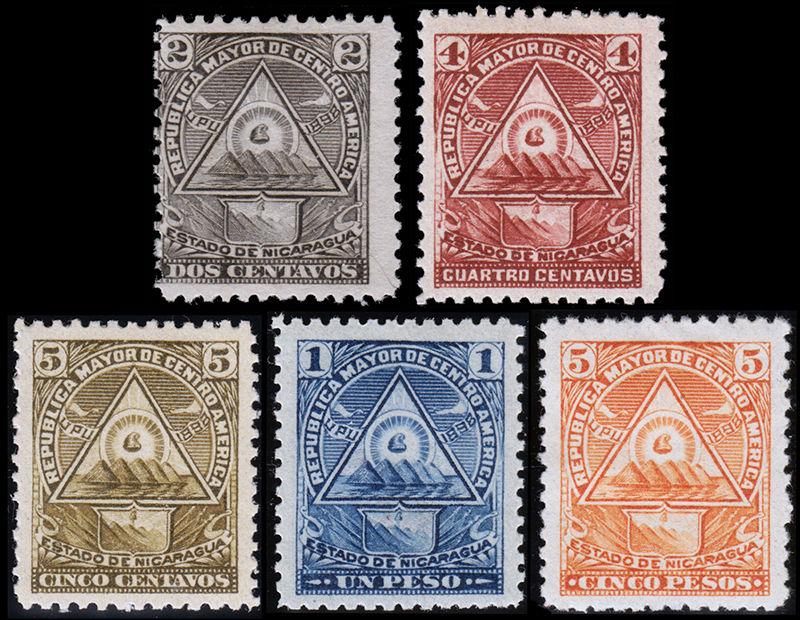 Nicaragua Scott 109B, 109D, 109E, 109K, 109M (1898) Mint H F-VF, CV $77.50