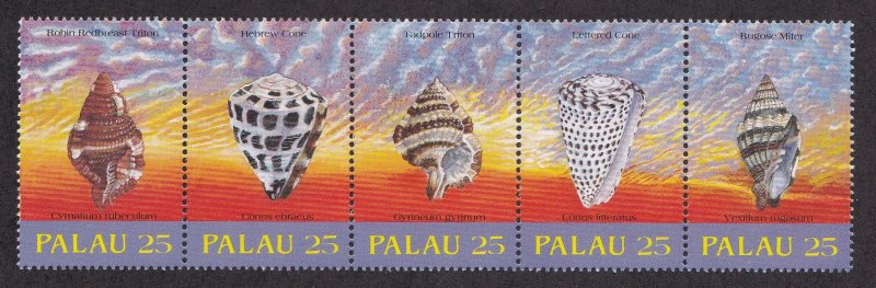 Palau # 216a, Sea Shells, Strip of Five Different, NH, 1/2 Cat.