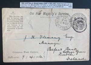 1902 Melbourne Australia On Her Majesty Service Official cover To Dublin Ireland